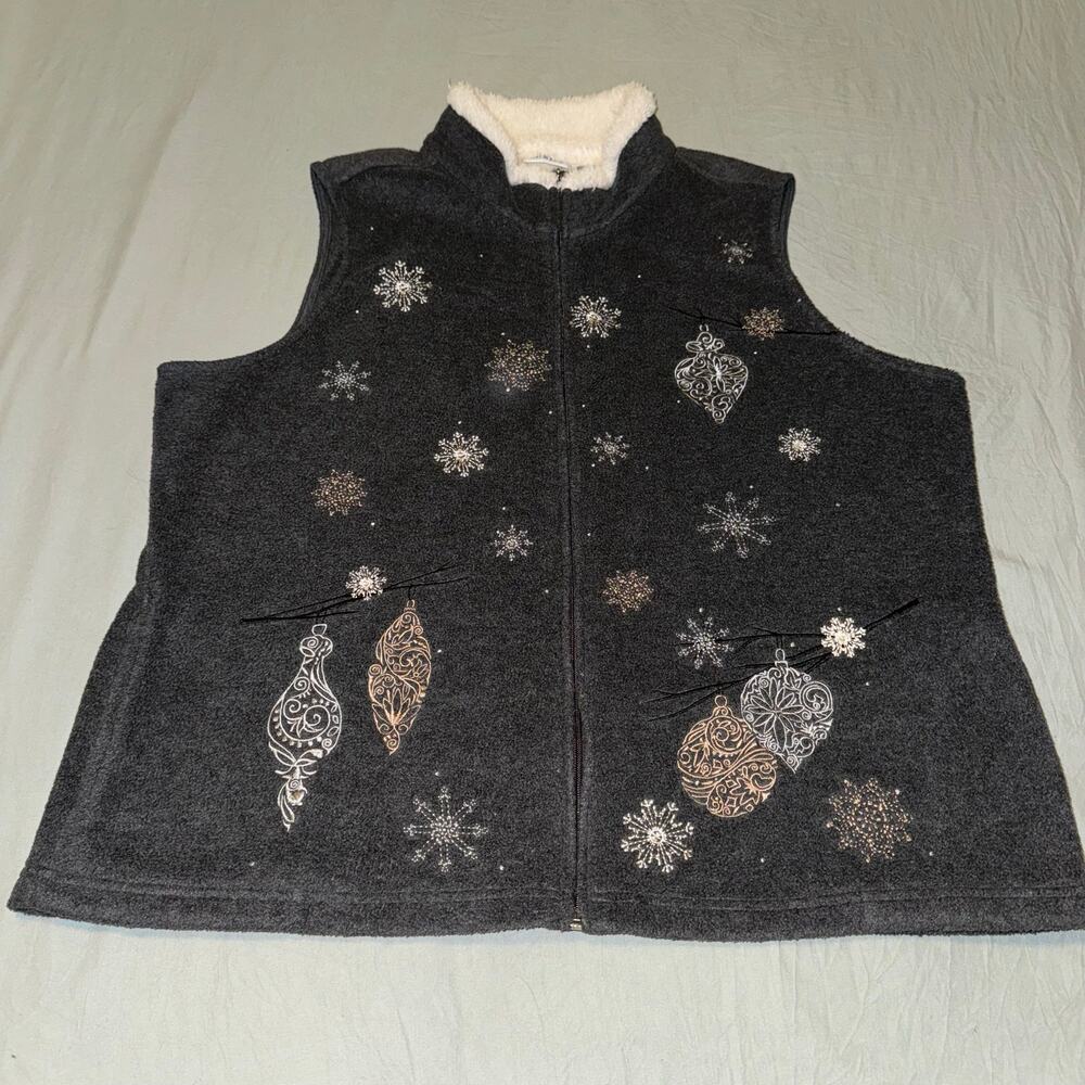Croft & Borrow Snowflake Ornament Sleeveless Fleece Vest Zip Up‎ Dark Gray Sz XL